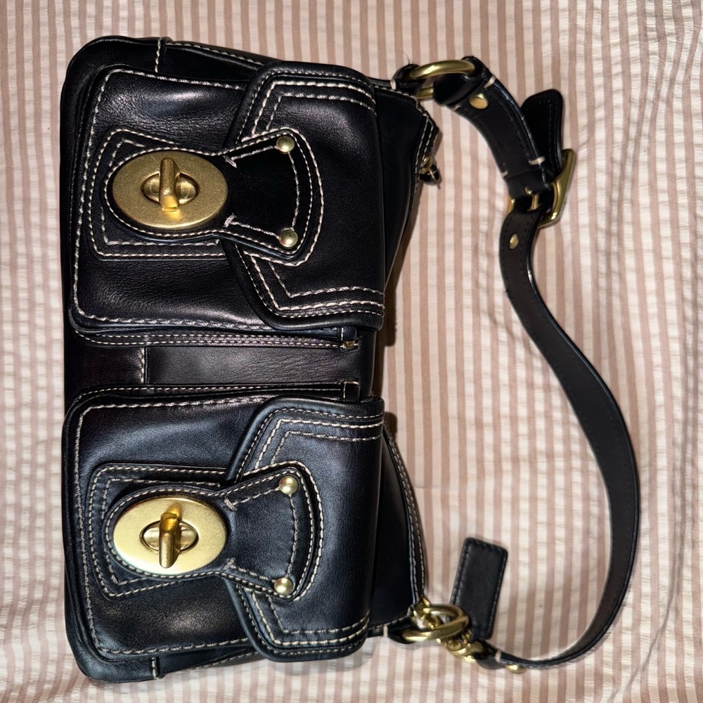 Coach Black Leather Shoulder Bag with Gold Accents